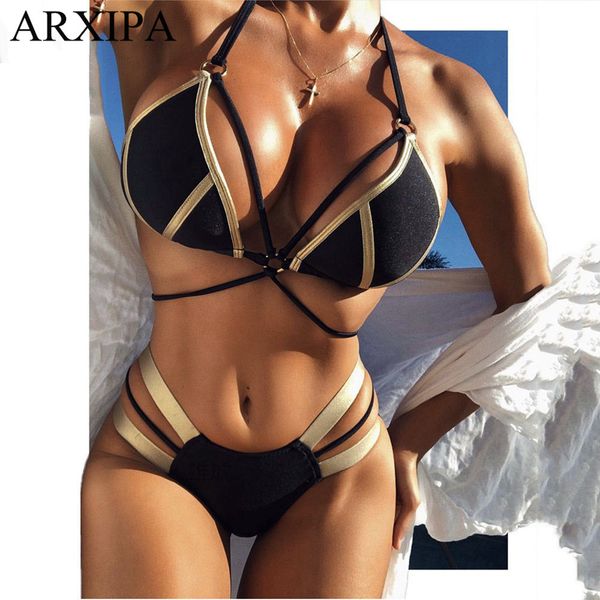 

arxipa gold stamping bikini set cut out women swimwear big cup swimsuit thong bathing suit halter beachwear black summer bather, White;black