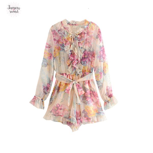 

print rompers chiffon ruffles long sleeve loose jumpsuit belt body mujer summer overalls female body women for, Black;white