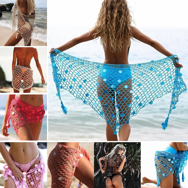 

crochet bikini 2019 new arrival summer women sequin hollow out fishnet crochet mesh bikini cover up swimwear bathing beach, Blue;gray