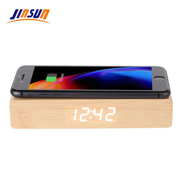 

jinsun alarm clock with wireless charger led modern digital clock with qi charging despertador wooden desktop