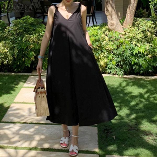 

plus size midi dress women's solid color sundress zanzea 2020 fashion summer mid calf vestidos female sleeveless robe femme 7, Black;gray