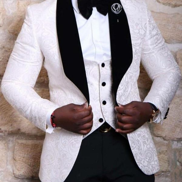 Personalizza modello floreale smoking da sposo da sposa scialle bavero abiti da uomo blazer bianco testimoni dello sposo indossare giacche abiti (giacche + gilet)