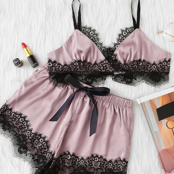 

pink women pajamas set block scalloped eyelash lace spaghetti strap crop cami and short pajama 2019 women's two piece, Black;red
