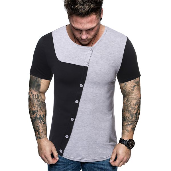 

mens tee shirts diagonal stitching crew neck with button summer short sleeve cotton casual european wind homme, White;black