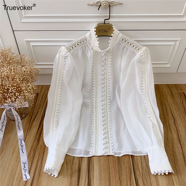 

truevoker runway designer blouses women's high street puff sleeves black embroidery fuzzy balls spring boutique shirts, White