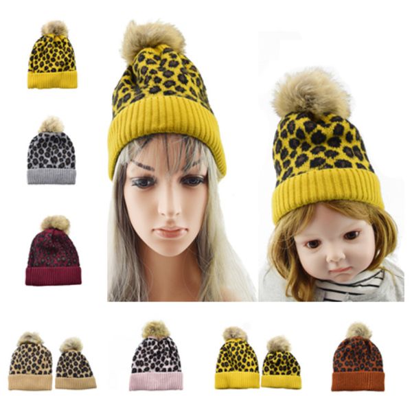 

new family beanies leopard warm fleece soft skull cap pom pom baby knitted hats faux fur ball winter knit kid earflap cap t2c5067