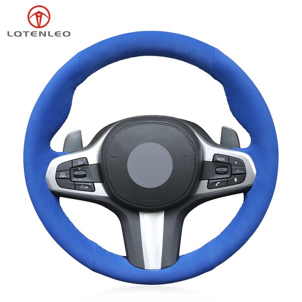 

lqtenleo diy hand-stitched car steering wheel cover blue suede for g30 525i 530i 530d m550i m550d 2017 2018 g32 630i 640i m