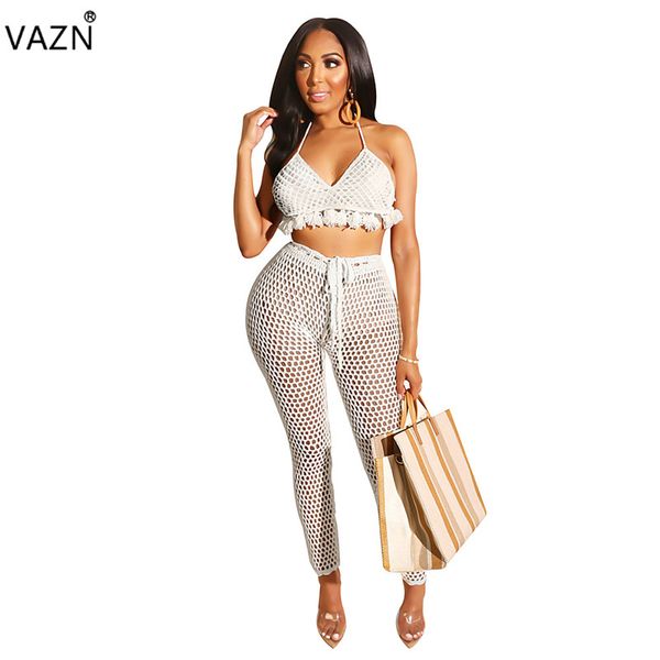 

vazn 2020 summer new personality 2 piece women novelty network halter hollow out long pants beach slim set asl6172, White
