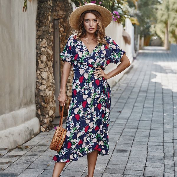 

sashes asymmetrical ruffle deep v-neck dress summer floral women dress sundress bohemian midi dresses, Black;gray