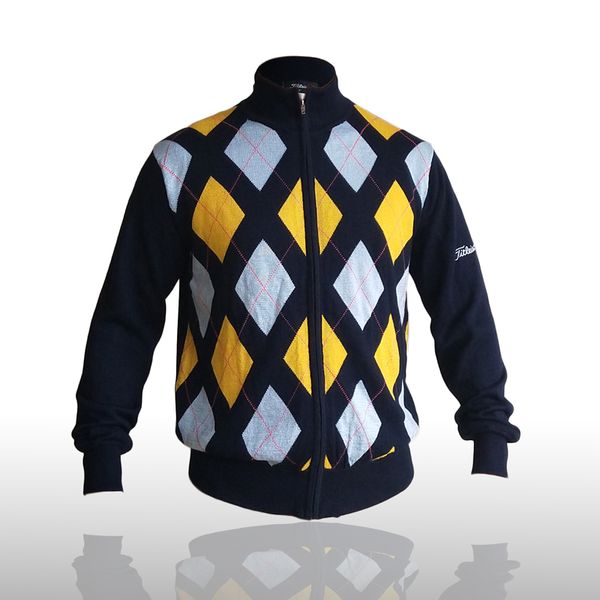 

man sports jacket mens wool casual fit knitted cardigan zipper title golf sweater coat knitwear, Black;blue