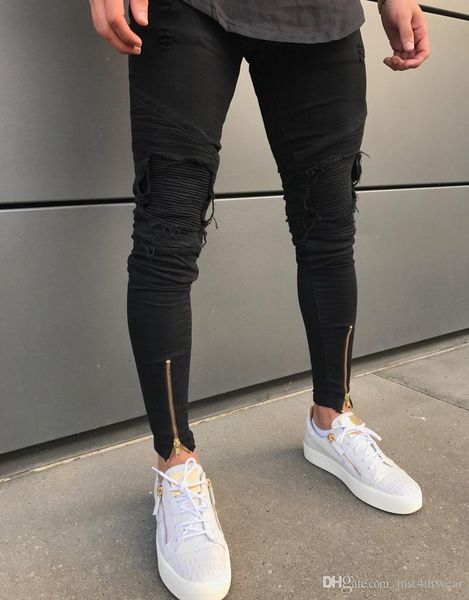 

mens ripped pleated leg zipper jeans fashion high street biker denim pencil pants male hip hop fashion slim distressed long jeans mens pants, Blue
