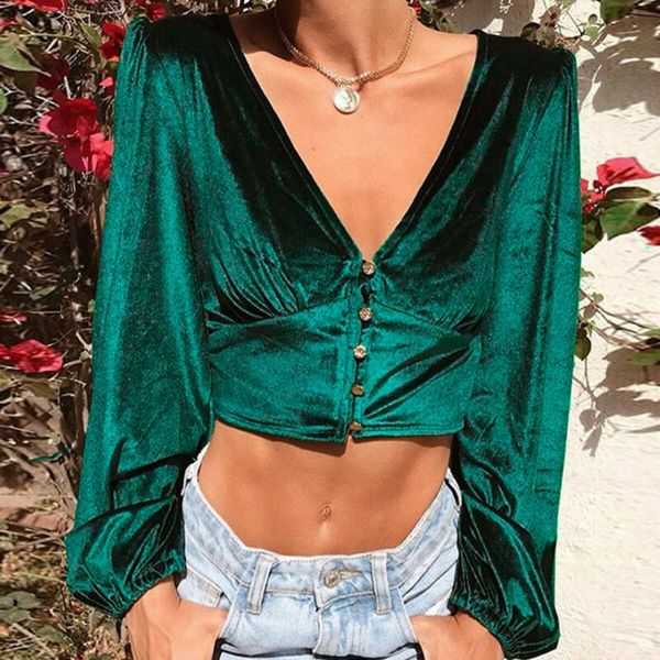 

autumn new fashion women long sleeve v neck blouse ladies casual slim fit crop pullover shirt green, White