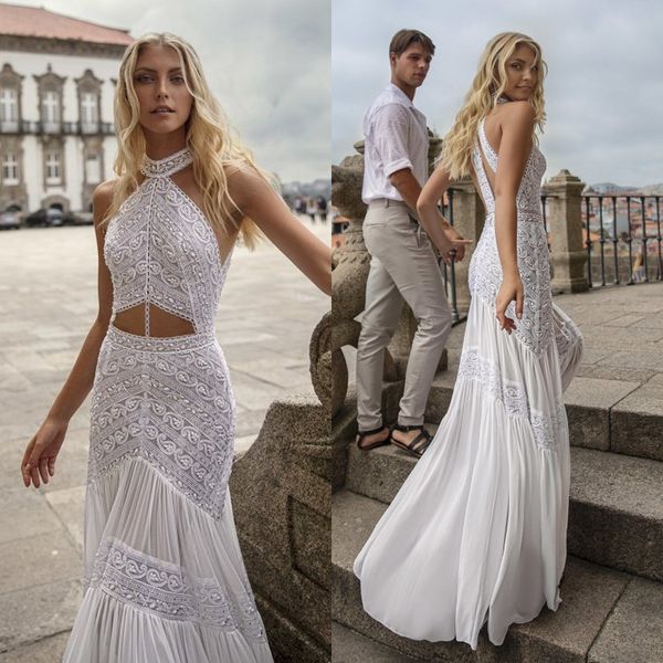 

modest charchy bohemian halter sleeveless hollow mermaid wedding dresses lace applique crystal wedding gowns sweep train robe de mariÃ©e, White