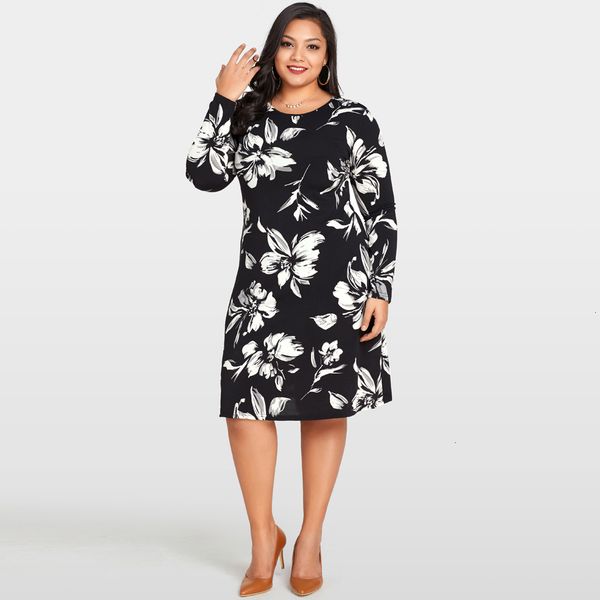 

женские платья женщин конструктора платья цветочные женщины печати платье o шеи сыпучие цветок midi повседневный 4xl 5xl плюс размер осень ч, Black;gray