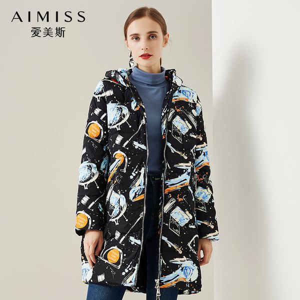 

aimiss brand fashion women down jacekt cartoon printed zippers thick white dark down good qulaity long coat outwear winter, Black