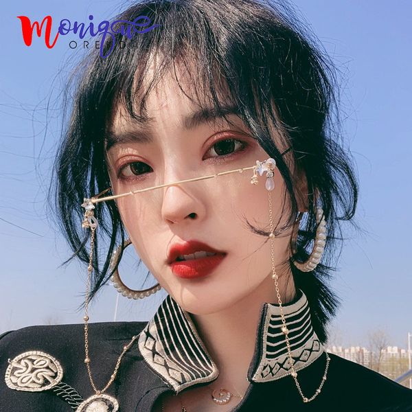 

2019 eyeglasses alloy frame for women strange lensless chain pentagram decoration half frame bling rhinestone glasses, Black