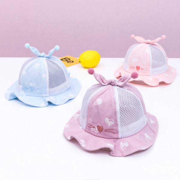 

baby summer hat kids mesh sun protection visor cap cotton print love cat cap baby net outdoor beach hat wave brim chap, Yellow