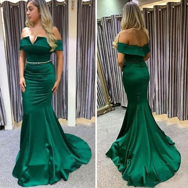 

off shoulder green prom dresses zipper back prom party dresses satin sweep train robes de soirée with beading, Black