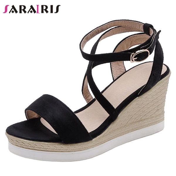 

sarairis sweet girl summer sandals platform high wedges sandals women 2020 flock casual office leisure shoes woman, Black