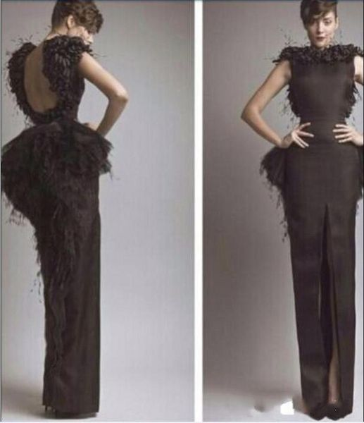 

2020 new celebrity dress with feather satin scoop belt floor -length custome made evening dresses vestidos de festa, Black;red