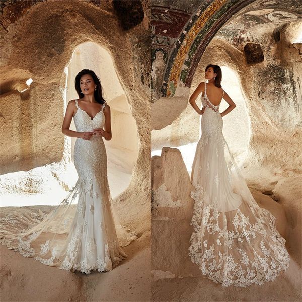 

2020 eddy k mermaid wedding dresses spaghetti strap sleeveless appliqued lace bridal gown backless tiered tulle boho robes de mariÃ©e, White