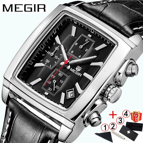 

men watch 2019 megir classic business black male wrist watch luminous leather square chronograph men watches 2018, Slivery;brown