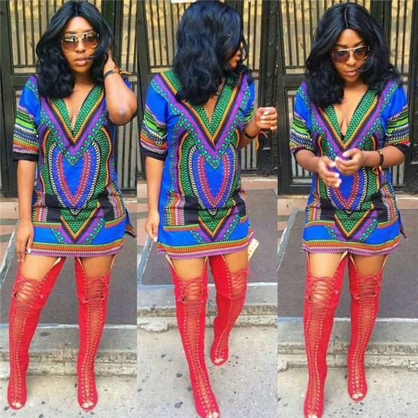 

женщина африка dashiki платье национальный печати базен riche sexy v-образным вырезом с коротким рукавом african одежда футболки летние повс, Red