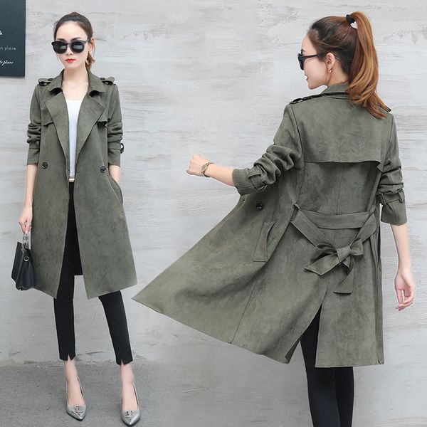 

women's trench coats slim spring plus size 2021 ladies windbreaker solid color clothing autumn deerskin outerwear boutique fashion wome, Tan;black
