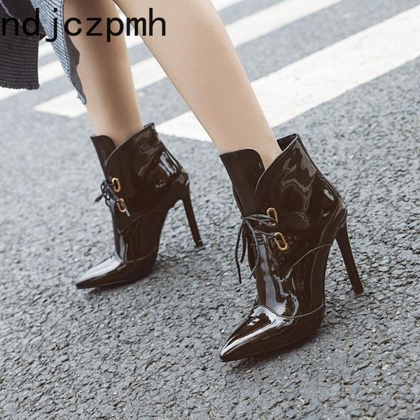 

women's boots new autumn and winter pointed lace-up high heel short tube women's shoes plus size 32-44 with height 10.5cm, Black