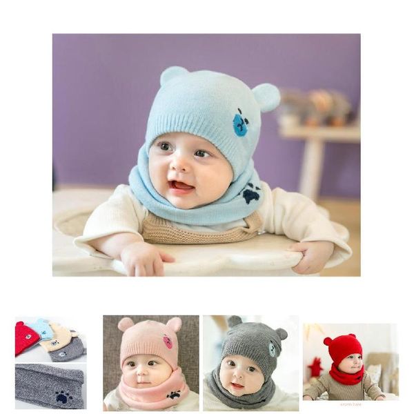 

baby winter caps scarf suits warm knitted beanie cap cute cartoon bear beanie h66, Yellow