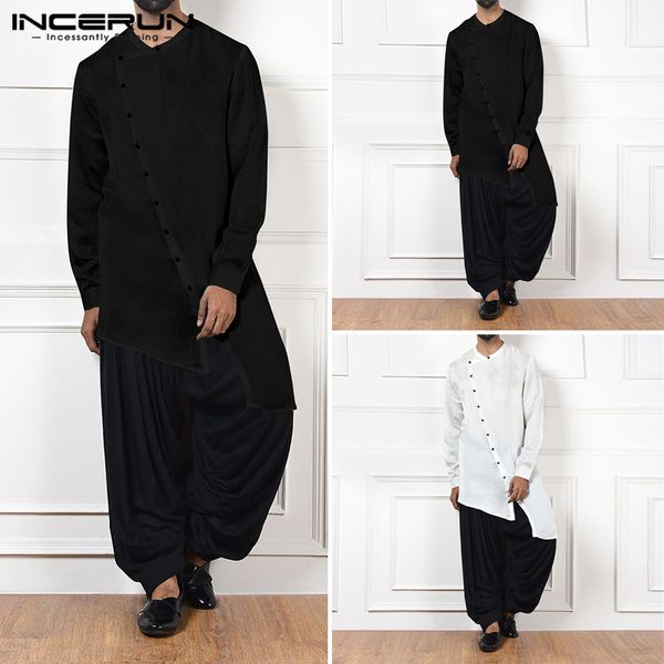 

incerun streetwear men solid color long sleeve muslim kaftan casual round collar irregular hem button mens jubba thobe 2019, Red