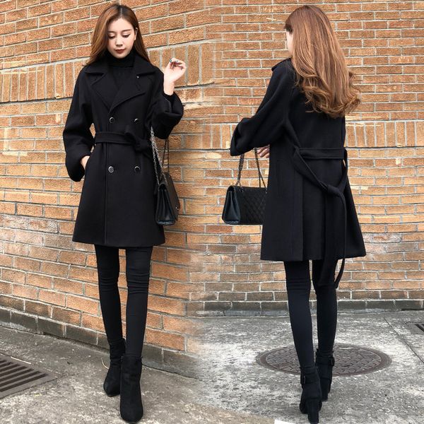 

elegant women's woolen coat in the long section of thick quilted cotton autumn and winter warm thin black woolen coat wild