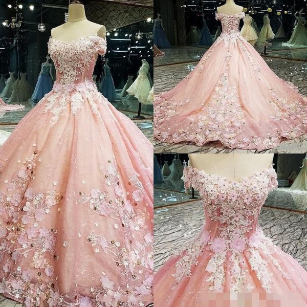 

pink quinceanera dresses 2020 3d floral applique handmade flowers beaded off the shoulder short sleeves prom formal evening ball gown, Blue;red