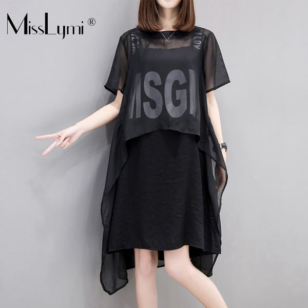 

5xl plus size women chiffon dress summer 2019 letter print spaghetti strap dress and asymmetrical two piece beach black, Black;gray