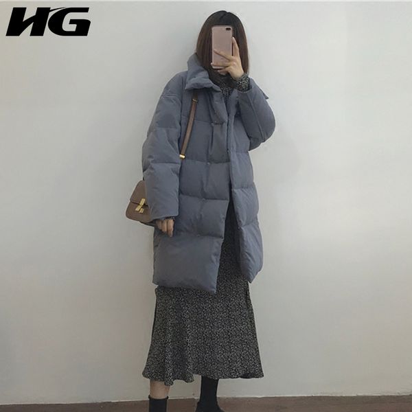 

hg] 2018 autumn korea fashion new women covered button whire duck down solid color casual loose thick down coat lyh1008, Black