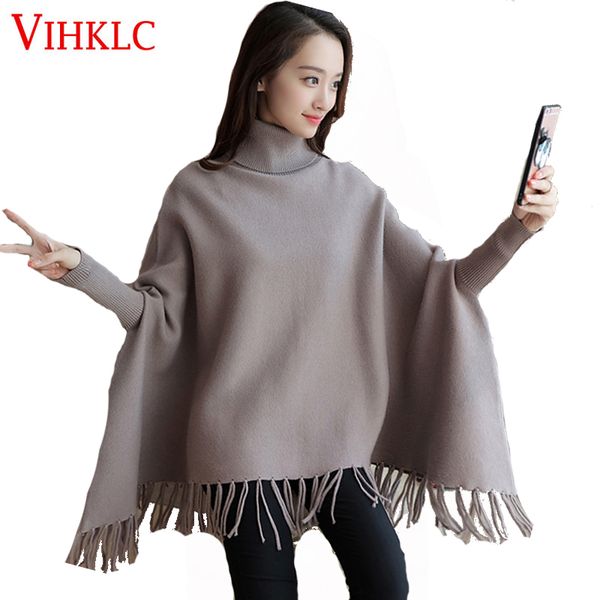 

fashion 2017 spring autumn women loose oversized knitted cashmere poncho capes duplex shawl cardigans sweater with tassel h242, Black