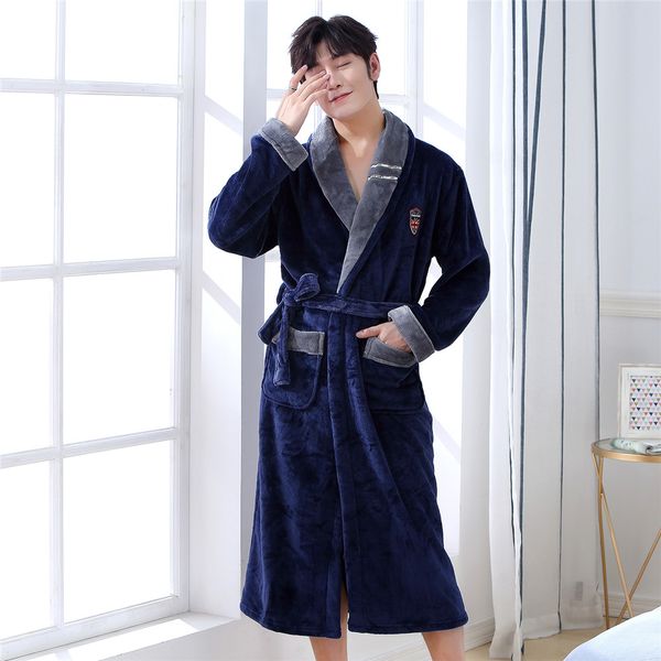 

big size 3xl bathrobe coral fleece male kimono gown with belt&pockets home dressing gown intimate lingerie warm long negligee, Black;brown