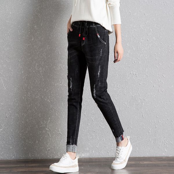 

black han edition elastic waist jeans new female tall waist elastic thin joker loose haroun pants bf, Blue