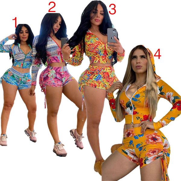 

women floral shorts sets luxury 2 pieces set summer tracksuit summer flower printed zip jacket zipper coat+shorts clothing set d52206, White