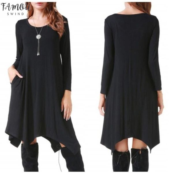 

fall winter dress 2020 women long sleeve black blue green femme casual loose irregular dress plus size cotton dress 3xl, Black;gray