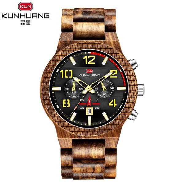

kunhuang 1015 chronograph feature pointer wooden relogio masculino antique fashion wooden material calendar men wrist watch, Slivery;brown