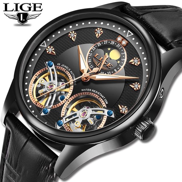 

2019 lige men watch mechanical luxury fashion brand leather male sports watches men automatic watch relogio masculino, Slivery;brown