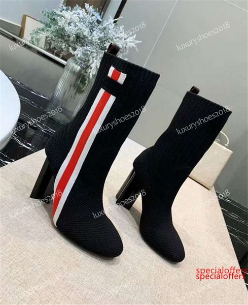 

женщины роскошная boots knit лодыжки загрузки коренастый пятки martin обувь верхнего качества женщины с полусапожки носок обувь кроссовки, Black