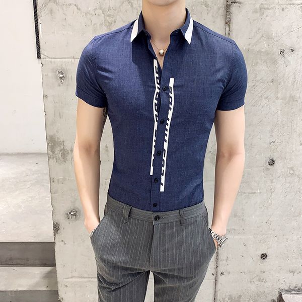 

2019 summer man england short sleeve shirt casual shirts turn-down men dress business shirts streetwear camisa social masculina, White;black
