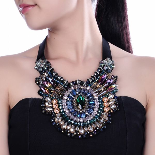 

women charm jewelry pendant chain crystal chunky statement bib crystal necklace, Silver