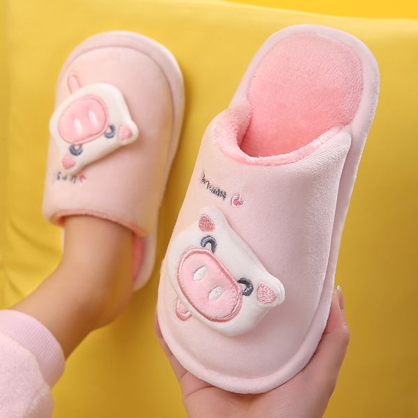 

2019 new children boys and girls baby cute pig plush flock soft thickening warm indoor shoes cotton shoes kids home slippers, Black;grey