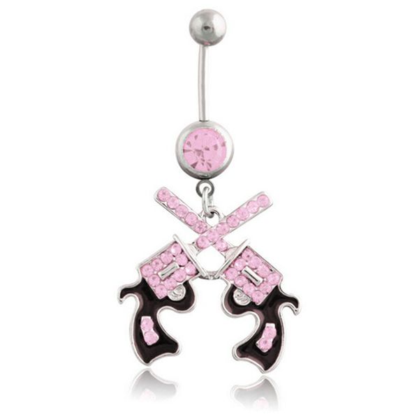 

fashion belly button ring 316l surgical steel barbell dangle double rhinestone gun for men navel piercing jewelry 1 pc, Slivery;golden