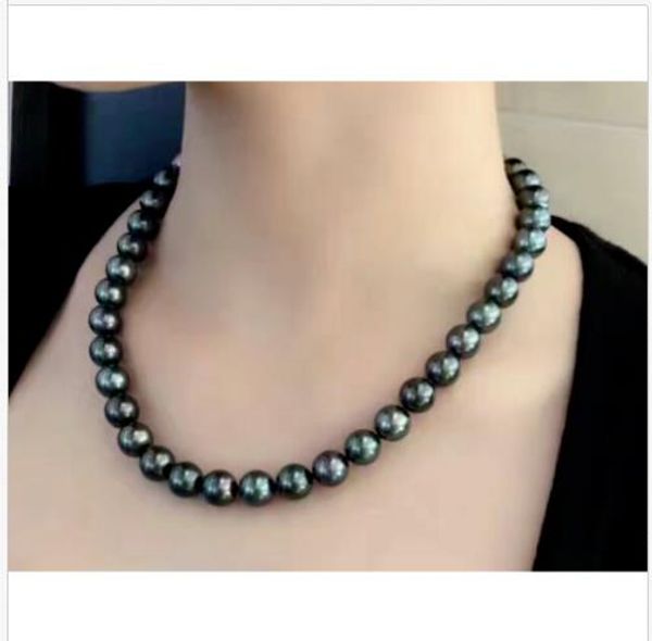 

vvv 18inch 14k stunning 10-11mm tahitian round black pearl necklace, Silver