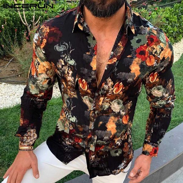 

incerun fashion men floral shirts spring autumn elegant long sleeve lapel button down casual trend comfort mens blouse masculina, White;black