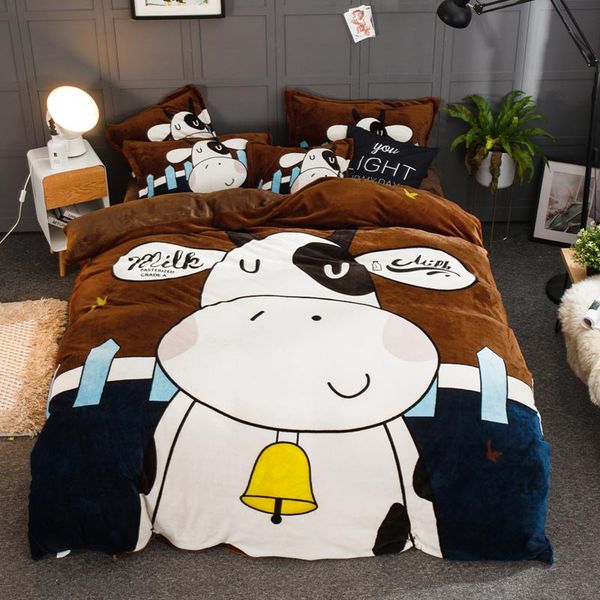 Winter Fleece Cartoon Cow Print Bedding Set Warm Flannel Soft